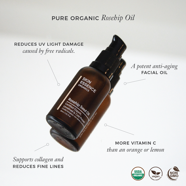 Certified Organic Rosehip Oil bottled in Eco friendly glass bottles.