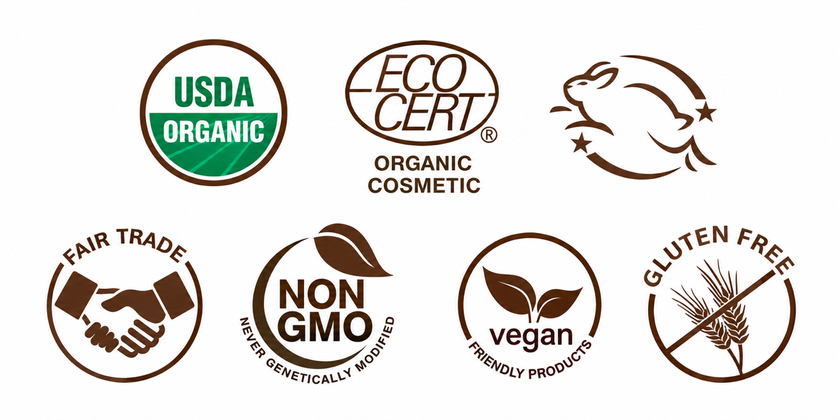 USDA Organic, Ecocert Organic Cosmetic, Leaping Bunny cruelty free, Fair Trade, Non-GMO, Vegan and Gluten Free certifications